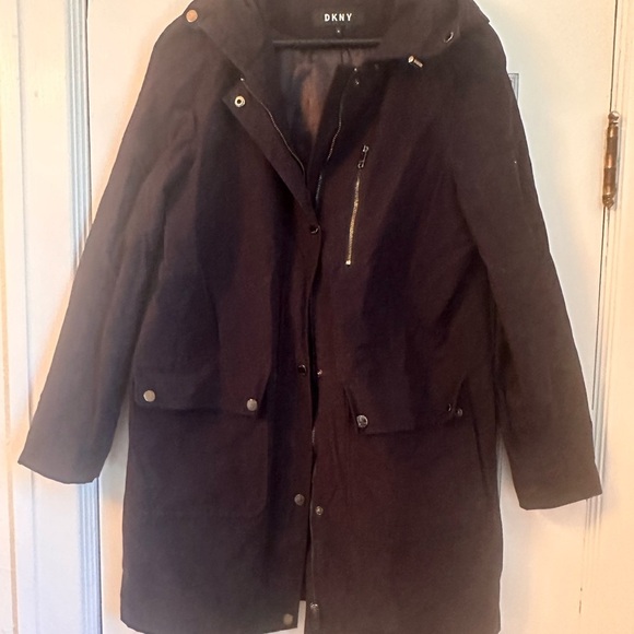 DKNY Hooded Water-Resistant Raincoat Women’s Medium Navy - Picture 2 of 7